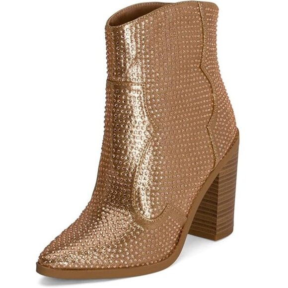 Chariot & Co Gold Rhinestone Cowboy Boots Stacked Heel Wyatt Ankle Boot 6.5 NEW! - Picture 4 of 11